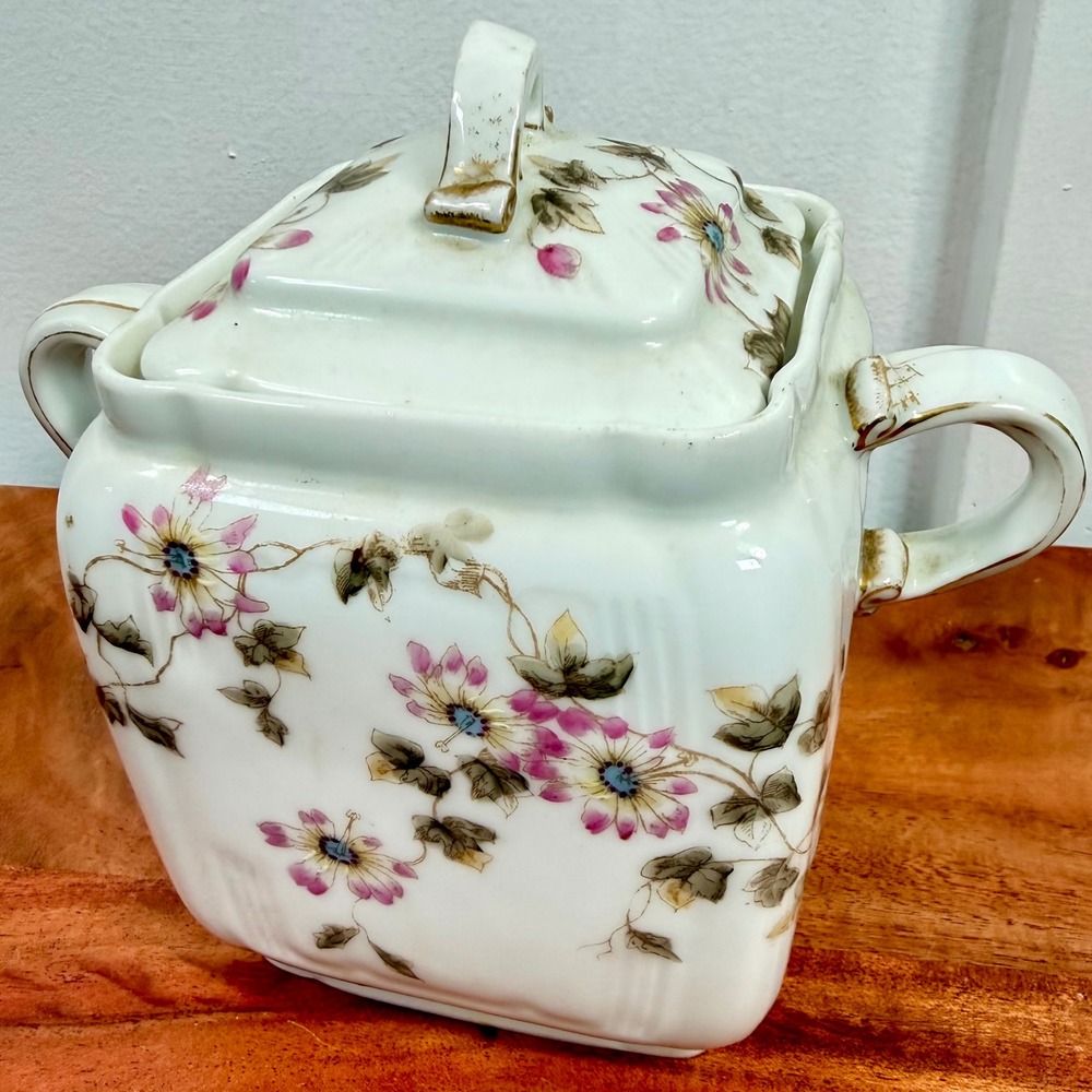 Antique CFH GDM Limoges France Covered Sugar‎ Bowl Lidded Jar Floral Gold 1880s